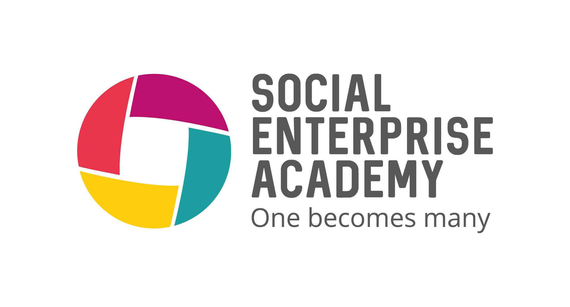 grey letters that read social enterprise academy with red, purple, green and yellow circle on the left