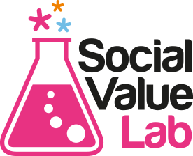 social value lab black letters with a pink conical flask filled in with pink liquid