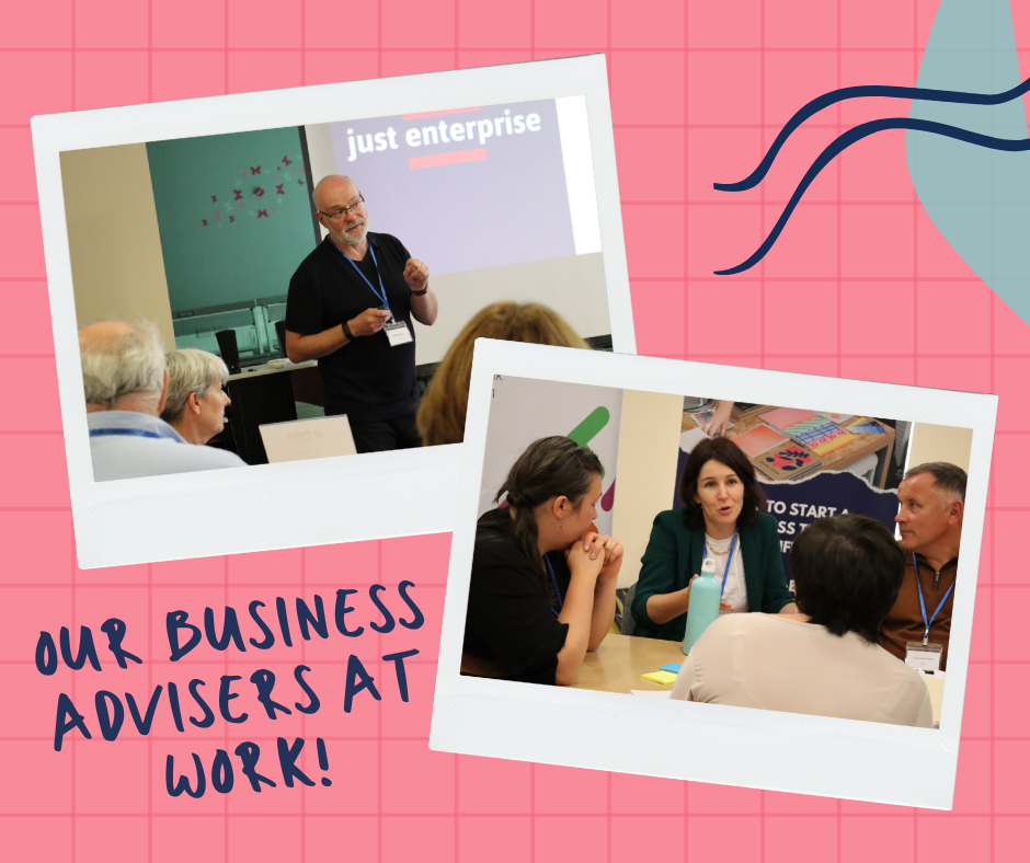 pink background with 2 photos showing just enterprise business advisers at work