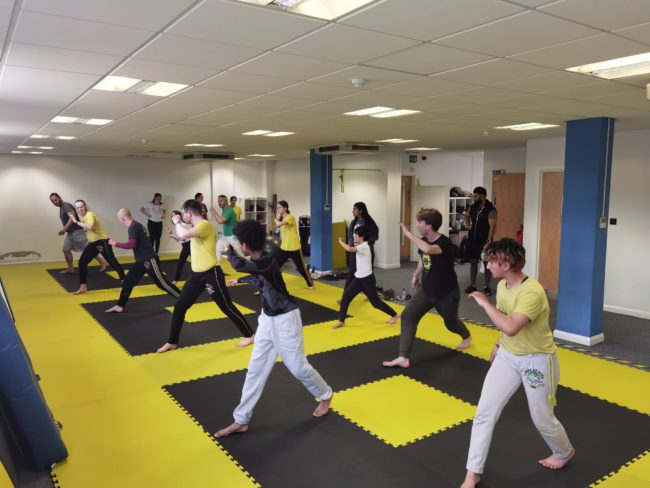 A group of people learning Capoeira in a sports studio.