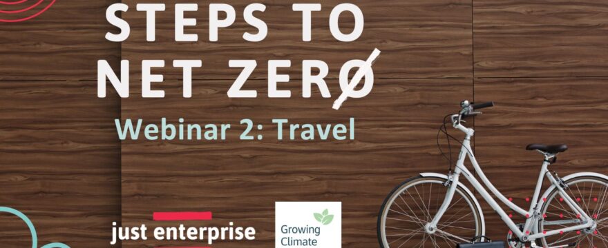 Image of a bike and briefcase with text reading 'Steps to Net Zero, Webinar 2: Travel'