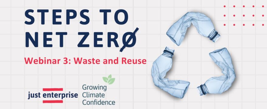 Beige graphic with plastic bottles and the text Steps to Net Zero, Webinar 3 Waste and Reuse