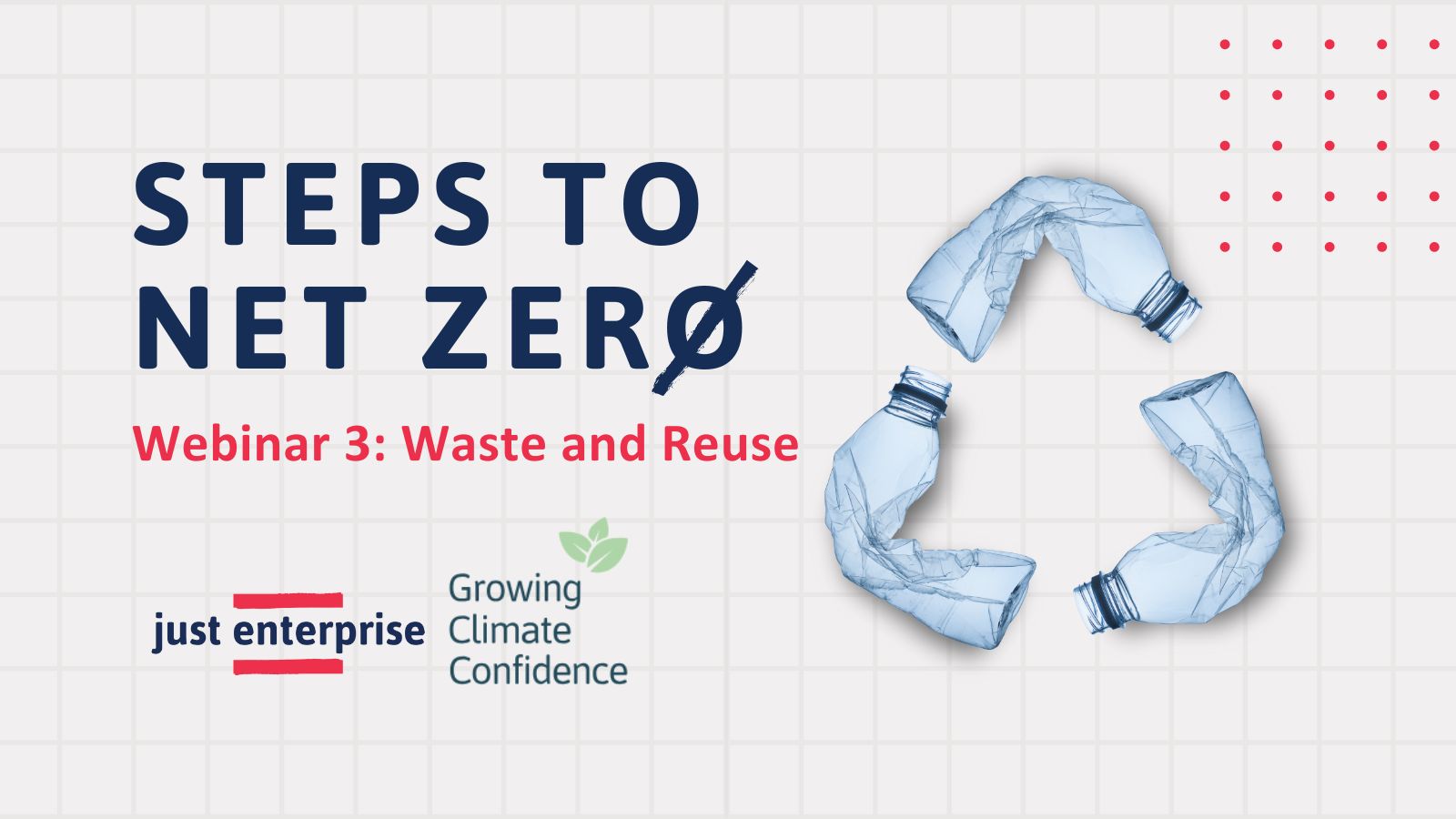 Beige graphic with plastic bottles and the text Steps to Net Zero, Webinar 3 Waste and Reuse
