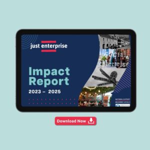 Tablet screen showing impact report front cover with a red download now button beneath.