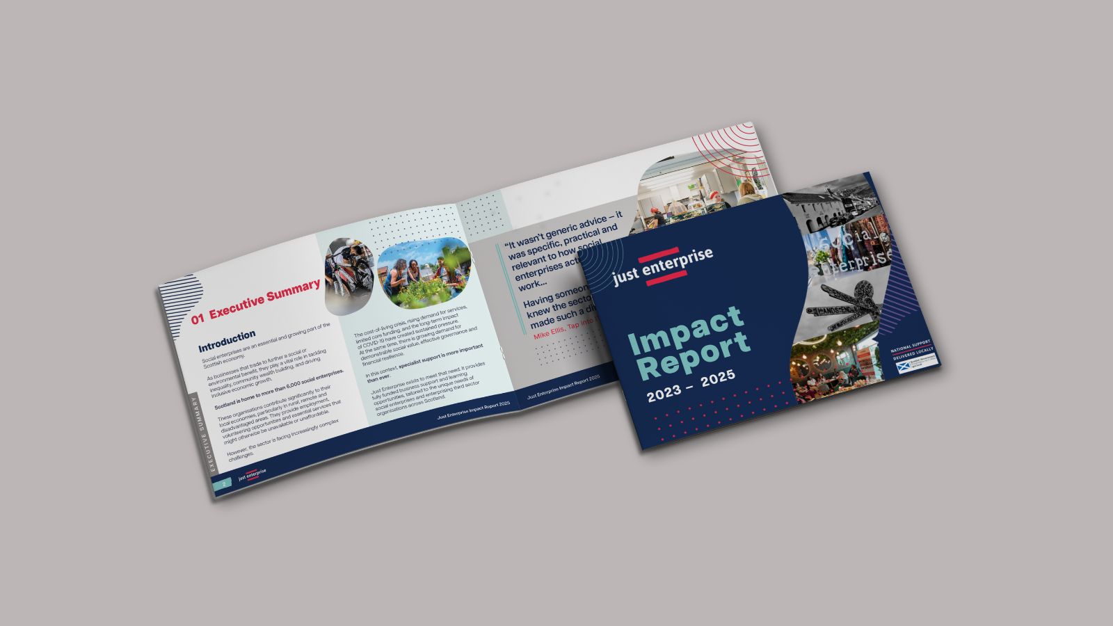 Cover and inside spread of the Just Enterprise Impact Report 2023–2025, featuring photos of social enterprise activity and key summary text.