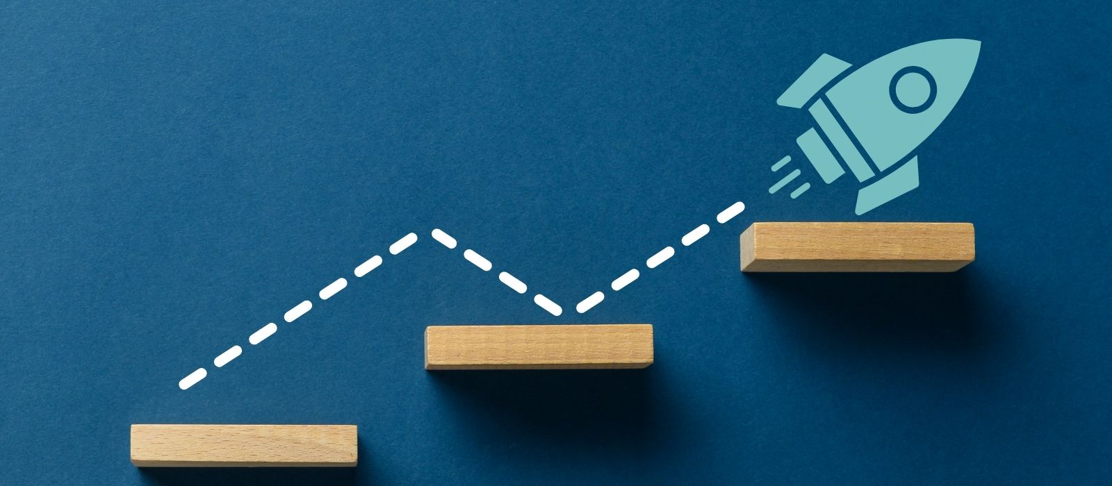 Wooden steps on a dark blue background with a rocket flying up them